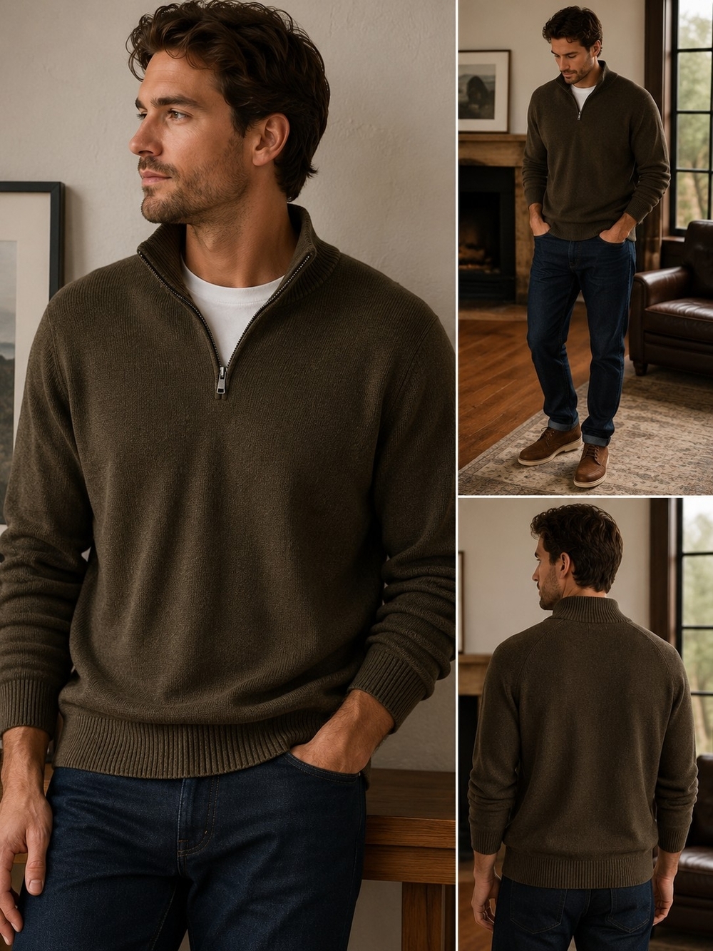 Men's Zip-Neck Sweater in Olive